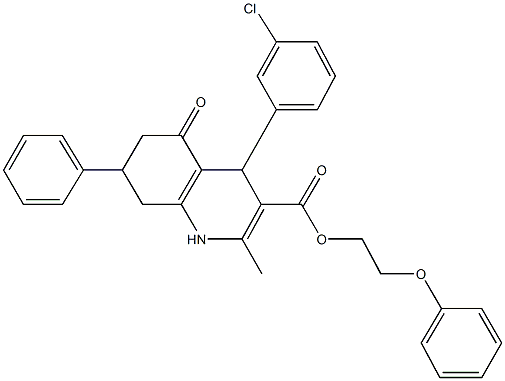 2-phenoxyethyl 4-(3-chlorophenyl)-2-methyl-5-oxo-7-phenyl-1,4,5,6,7,8-hexahydro-3-quinolinecarboxylate Struktur