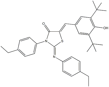 5-(3,5-ditert-butyl-4-hydroxybenzylidene)-3-(4-ethylphenyl)-2-[(4-ethylphenyl)imino]-1,3-thiazolidin-4-one Struktur