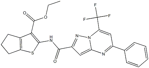 ethyl 2-({[5-phenyl-7-(trifluoromethyl)pyrazolo[1,5-a]pyrimidin-2-yl]carbonyl}amino)-5,6-dihydro-4H-cyclopenta[b]thiophene-3-carboxylate Struktur