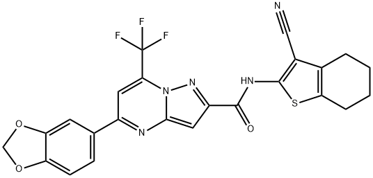 5-(1,3-benzodioxol-5-yl)-N-(3-cyano-4,5,6,7-tetrahydro-1-benzothien-2-yl)-7-(trifluoromethyl)pyrazolo[1,5-a]pyrimidine-2-carboxamide Struktur