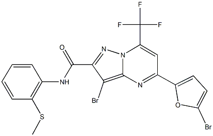 3-bromo-5-(5-bromo-2-furyl)-N-[2-(methylsulfanyl)phenyl]-7-(trifluoromethyl)pyrazolo[1,5-a]pyrimidine-2-carboxamide Struktur