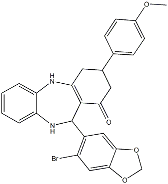 11-(6-bromo-1,3-benzodioxol-5-yl)-3-(4-methoxyphenyl)-2,3,4,5,10,11-hexahydro-1H-dibenzo[b,e][1,4]diazepin-1-one Struktur