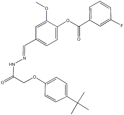 4-{2-[(4-tert-butylphenoxy)acetyl]carbohydrazonoyl}-2-methoxyphenyl 3-fluorobenzoate Struktur