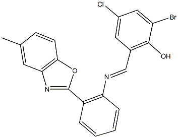 2-bromo-4-chloro-6-({[2-(5-methyl-1,3-benzoxazol-2-yl)phenyl]imino}methyl)phenol Struktur