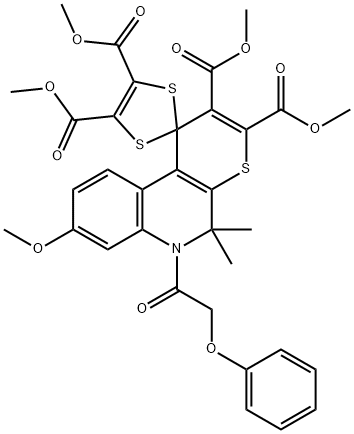 tetramethyl 8-methoxy-5,5-dimethyl-6-(phenoxyacetyl)-5,6-dihydrospiro(1H-thiopyrano[2,3-c]quinoline-1,2'-[1,3]-dithiole)-2,3,4',5'-tetracarboxylate Struktur