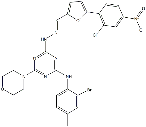 5-{2-chloro-4-nitrophenyl}-2-furaldehyde [4-(2-bromo-4-methylanilino)-6-morpholin-4-yl-1,3,5-triazin-2-yl]hydrazone Struktur