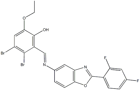 3,4-dibromo-2-({[2-(2,4-difluorophenyl)-1,3-benzoxazol-5-yl]imino}methyl)-6-ethoxyphenol Struktur