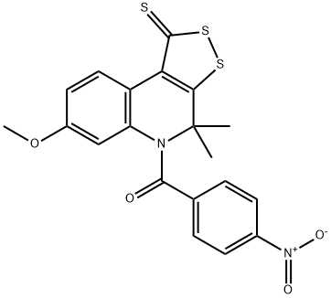 5-{4-nitrobenzoyl}-7-methoxy-4,4-dimethyl-4,5-dihydro-1H-[1,2]dithiolo[3,4-c]quinoline-1-thione Struktur