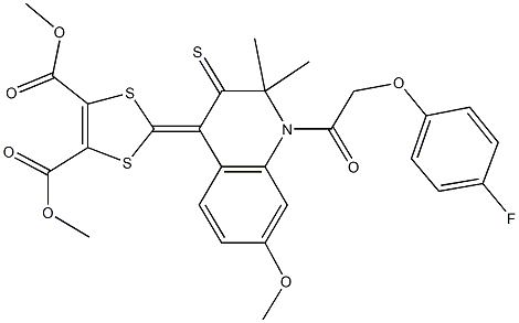 dimethyl 2-(1-{[(4-fluorophenyl)oxy]acetyl}-2,2-dimethyl-7-(methyloxy)-3-thioxo-2,3-dihydroquinolin-4(1H)-ylidene)-1,3-dithiole-4,5-dicarboxylate Struktur