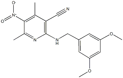 2-[(3,5-dimethoxybenzyl)amino]-5-nitro-4,6-dimethylnicotinonitrile Struktur