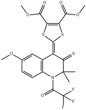 dimethyl 2-(6-methoxy-2,2-dimethyl-3-thioxo-1-(trifluoroacetyl)-2,3-dihydroquinolin-4(1H)-ylidene)-1,3-dithiole-4,5-dicarboxylate Struktur