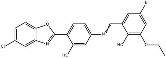 4-bromo-2-({[4-(5-chloro-1,3-benzoxazol-2-yl)-3-hydroxyphenyl]imino}methyl)-6-ethoxyphenol Struktur