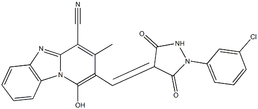 2-{[1-(3-chlorophenyl)-3,5-dioxo-4-pyrazolidinylidene]methyl}-1-hydroxy-3-methylpyrido[1,2-a]benzimidazole-4-carbonitrile Struktur