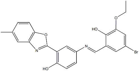 4-bromo-2-ethoxy-6-({[4-hydroxy-3-(5-methyl-1,3-benzoxazol-2-yl)phenyl]imino}methyl)phenol Struktur