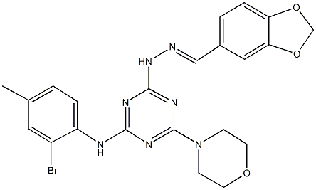 1,3-benzodioxole-5-carbaldehyde {4-[(2-bromo-4-methylphenyl)amino]-6-morpholin-4-yl-1,3,5-triazin-2-yl}hydrazone Struktur