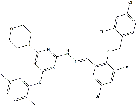 3,5-dibromo-2-{[(2,4-dichlorophenyl)methyl]oxy}benzaldehyde {4-[(2,5-dimethylphenyl)amino]-6-morpholin-4-yl-1,3,5-triazin-2-yl}hydrazone Struktur