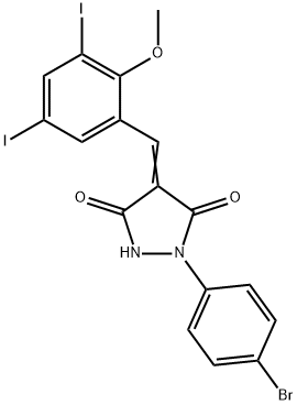 1-(4-bromophenyl)-4-(3,5-diiodo-2-methoxybenzylidene)-3,5-pyrazolidinedione Struktur