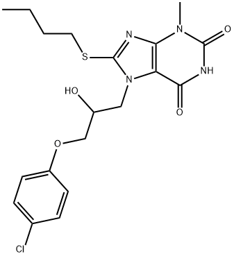 8-(butylsulfanyl)-7-[3-(4-chlorophenoxy)-2-hydroxypropyl]-3-methyl-3,7-dihydro-1H-purine-2,6-dione Struktur