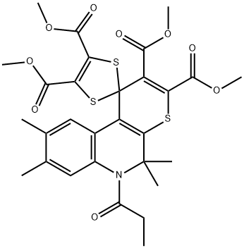 tetramethyl 5',5',8',9'-tetramethyl-6'-propionyl-5',6'-dihydrospiro[1,3-dithiole-2,1'-(1'H)-thiopyrano[2,3-c]quinoline]-2',3',4,5-tetracarboxylate Struktur