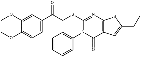 2-{[2-(3,4-dimethoxyphenyl)-2-oxoethyl]sulfanyl}-6-ethyl-3-phenylthieno[2,3-d]pyrimidin-4(3H)-one Struktur