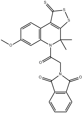 2-[2-(7-methoxy-4,4-dimethyl-1-thioxo-1,4-dihydro-5H-[1,2]dithiolo[3,4-c]quinolin-5-yl)-2-oxoethyl]-1H-isoindole-1,3(2H)-dione Struktur