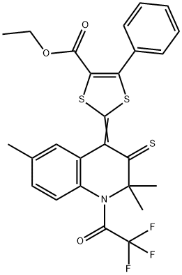 ethyl 5-phenyl-2-(2,2,6-trimethyl-3-thioxo-1-(trifluoroacetyl)-2,3-dihydro-4(1H)-quinolinylidene)-1,3-dithiole-4-carboxylate Struktur