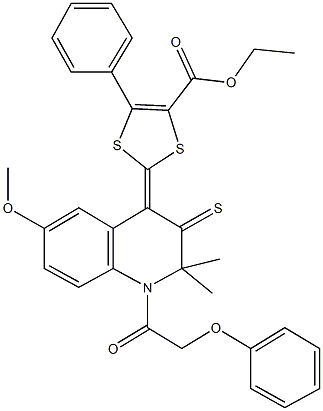 ethyl 2-(6-methoxy-2,2-dimethyl-1-(phenoxyacetyl)-3-thioxo-2,3-dihydro-4(1H)-quinolinylidene)-5-phenyl-1,3-dithiole-4-carboxylate Struktur