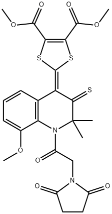 dimethyl 2-(1-[(2,5-dioxo-1-pyrrolidinyl)acetyl]-8-methoxy-2,2-dimethyl-3-thioxo-2,3-dihydro-4(1H)-quinolinylidene)-1,3-dithiole-4,5-dicarboxylate Struktur