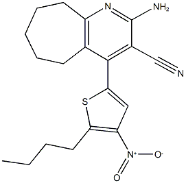 2-amino-4-{5-butyl-4-nitrothien-2-yl}-6,7,8,9-tetrahydro-5H-cyclohepta[b]pyridine-3-carbonitrile Struktur