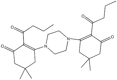 2-butyryl-3-[4-(2-butyryl-5,5-dimethyl-3-oxo-1-cyclohexen-1-yl)-1-piperazinyl]-5,5-dimethyl-2-cyclohexen-1-one Struktur