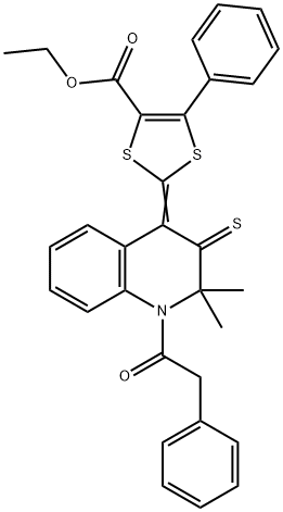 ethyl 2-(2,2-dimethyl-1-(phenylacetyl)-3-thioxo-2,3-dihydro-4(1H)-quinolinylidene)-5-phenyl-1,3-dithiole-4-carboxylate Struktur