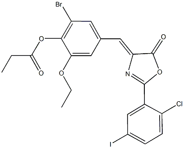 2-bromo-4-[(2-(2-chloro-5-iodophenyl)-5-oxo-1,3-oxazol-4(5H)-ylidene)methyl]-6-ethoxyphenyl propionate Struktur