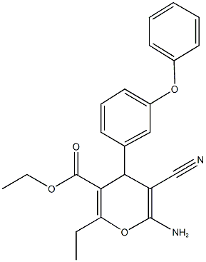 ethyl 6-amino-5-cyano-2-ethyl-4-(3-phenoxyphenyl)-4H-pyran-3-carboxylate Struktur