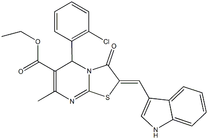 ethyl 5-(2-chlorophenyl)-2-(1H-indol-3-ylmethylene)-7-methyl-3-oxo-2,3-dihydro-5H-[1,3]thiazolo[3,2-a]pyrimidine-6-carboxylate Struktur