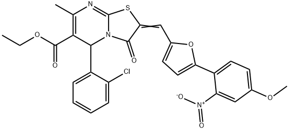 ethyl 5-(2-chlorophenyl)-2-[(5-{2-nitro-4-methoxyphenyl}-2-furyl)methylene]-7-methyl-3-oxo-2,3-dihydro-5H-[1,3]thiazolo[3,2-a]pyrimidine-6-carboxylate Struktur