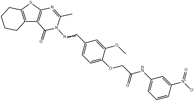 N-{3-nitrophenyl}-2-(2-methoxy-4-{[(2-methyl-4-oxo-5,6,7,8-tetrahydro[1]benzothieno[2,3-d]pyrimidin-3(4H)-yl)imino]methyl}phenoxy)acetamide Struktur