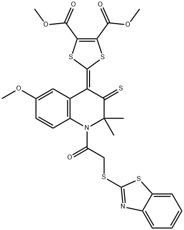 dimethyl 2-(1-[(1,3-benzothiazol-2-ylsulfanyl)acetyl]-6-methoxy-2,2-dimethyl-3-thioxo-2,3-dihydro-4(1H)-quinolinylidene)-1,3-dithiole-4,5-dicarboxylate Struktur