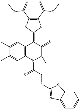 dimethyl 2-(1-[(1,3-benzoxazol-2-ylsulfanyl)acetyl]-2,2,6,7-tetramethyl-3-thioxo-2,3-dihydro-4(1H)-quinolinylidene)-1,3-dithiole-4,5-dicarboxylate Struktur