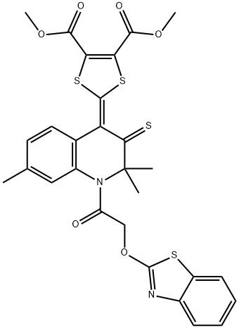 dimethyl 2-(1-[(1,3-benzothiazol-2-yloxy)acetyl]-2,2,7-trimethyl-3-thioxo-2,3-dihydro-4(1H)-quinolinylidene)-1,3-dithiole-4,5-dicarboxylate Struktur