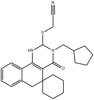 {[3-(cyclopentylmethyl)-4-oxo-3,4,5,6-tetrahydrospiro(benzo[h]quinazoline-5,1'-cyclohexane)-2-yl]sulfanyl}acetonitrile Struktur