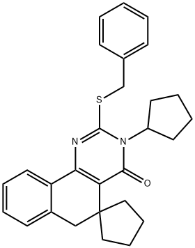 2-(benzylsulfanyl)-3-cyclopentyl-5,6-dihydrospiro(benzo[h]quinazoline-5,1'-cyclopentane)-4(3H)-one Struktur