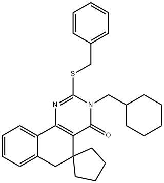 3-(cyclohexylmethyl)-2-(benzylsulfanyl)-5,6-dihydrospiro(benzo[h]quinazoline-5,1'-cyclopentane)-4(3H)-one Struktur