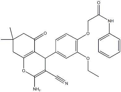 2-[4-(2-amino-3-cyano-7,7-dimethyl-5-oxo-5,6,7,8-tetrahydro-4H-chromen-4-yl)-2-ethoxyphenoxy]-N-phenylacetamide Struktur