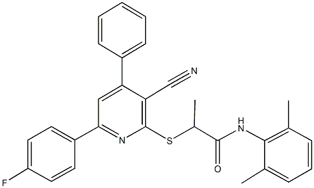 2-{[3-cyano-6-(4-fluorophenyl)-4-phenyl-2-pyridinyl]sulfanyl}-N-(2,6-dimethylphenyl)propanamide Struktur