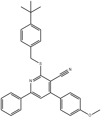 2-[(4-tert-butylbenzyl)sulfanyl]-4-(4-methoxyphenyl)-6-phenylnicotinonitrile Struktur