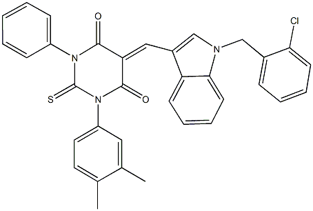 5-{[1-(2-chlorobenzyl)-1H-indol-3-yl]methylene}-1-(3,4-dimethylphenyl)-3-phenyl-2-thioxodihydro-4,6(1H,5H)-pyrimidinedione Struktur