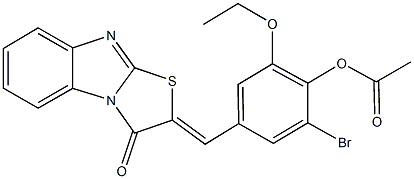 2-bromo-6-ethoxy-4-[(3-oxo[1,3]thiazolo[3,2-a]benzimidazol-2(3H)-ylidene)methyl]phenyl acetate Struktur