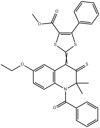 methyl 2-(1-benzoyl-6-ethoxy-2,2-dimethyl-3-thioxo-2,3-dihydro-4(1H)-quinolinylidene)-5-phenyl-1,3-dithiole-4-carboxylate Struktur