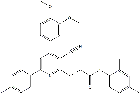 2-{[3-cyano-4-(3,4-dimethoxyphenyl)-6-(4-methylphenyl)-2-pyridinyl]sulfanyl}-N-(2,4-dimethylphenyl)acetamide Struktur