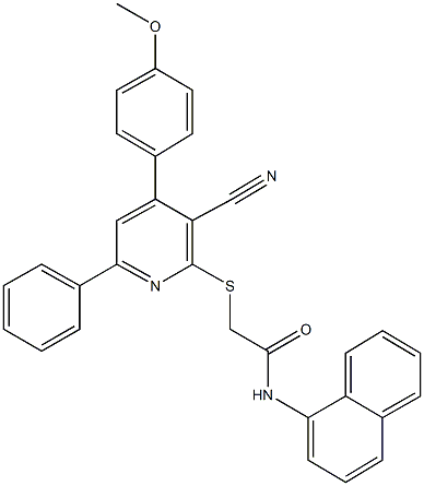 2-{[3-cyano-4-(4-methoxyphenyl)-6-phenyl-2-pyridinyl]sulfanyl}-N-(1-naphthyl)acetamide Struktur